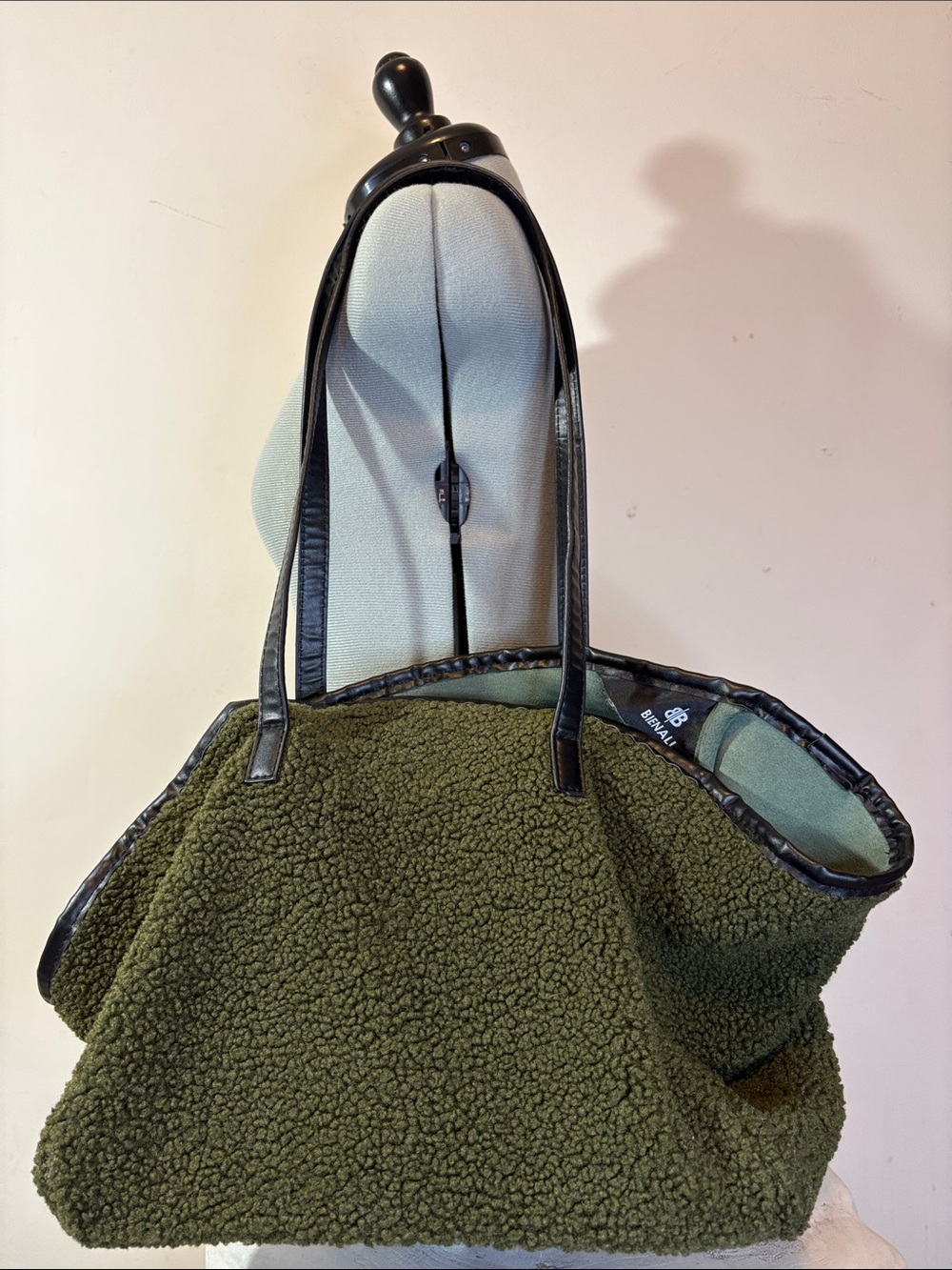 Olive Green Sherpa Fleece Soft Foldable Tote Bag Black Leather Trim Carry All